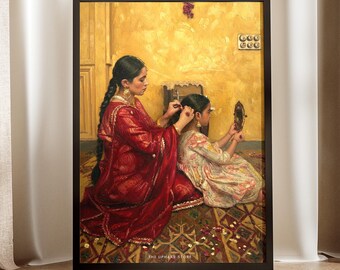Mother Daughter Oil Painting | Indian Family Wall Art | Cultural Love Digital Download