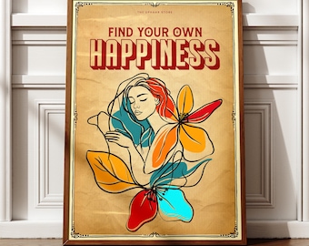 Find Your Happiness – Inspiring Quote Wall Art Print, Positive Affirmation Poster, Boho Meditation Decor
