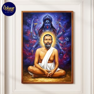 May include: A framed painting with a spiritual theme. It shows a seated figure with a white cloth, a glowing halo, and a blue deity with multiple arms holding weapons. The background is a mix of blues and purples.