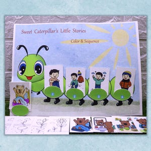Afdrukbare verhaalreeks voor kinderen - kleurspel "Cute Caterpillar" - leren voor kleuters en kinderen die thuisonderwijs geven in A4-formaat.