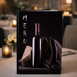 May include: A menu with the word "MENU" in white vertical text. A dark red wine bottle with a burgundy top is centered on a black background. A dark purple cloth is draped behind the bottle, and a piece of stone is in front of the bottle.