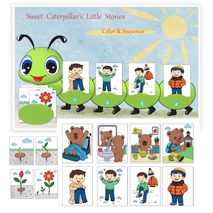 Afdrukbare verhaalreeks voor kinderen - kleurspel "Cute Caterpillar" - leren voor kleuters en kinderen die thuisonderwijs geven in A4-formaat.