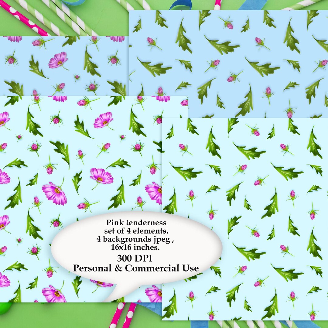 Set of Watercolor Seamless Patterns With Pink Flowers and Green Leaves ...