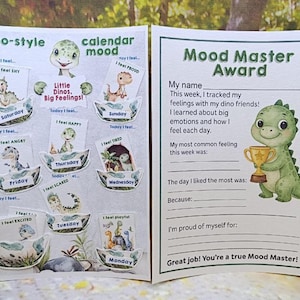 Digitale kalendersjabloon, kleurkaarten voor emoties, perfect voor emotioneel leren. Leuke moodtracker met dinosaurussen voor kinderen.