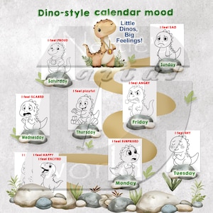 Digitaler Kalender zum Ausmalen von Emotionen, perfekt für emotionales Lernen. Lustiger Stimmungs-Tracker mit Dinosauriern für Kids.
