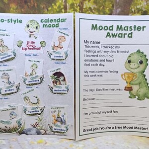 Stimmungskalender im Dino-Style. Druckbares emotionales Lernwerkzeug für Kinder. Dinosaurier Gefühle Chart mit Farbkarten. SEL-Aktivität für Vorschulkinder.