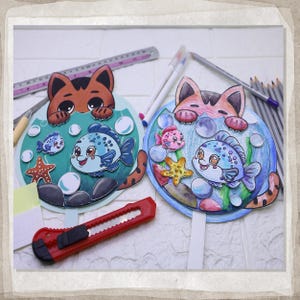 Divertente da tagliare, colorare, stampare in 3D. Divertimento per bambini "Il gatto vuole un pesce". Modello digitale, cartaceo. Sviluppo infantile.