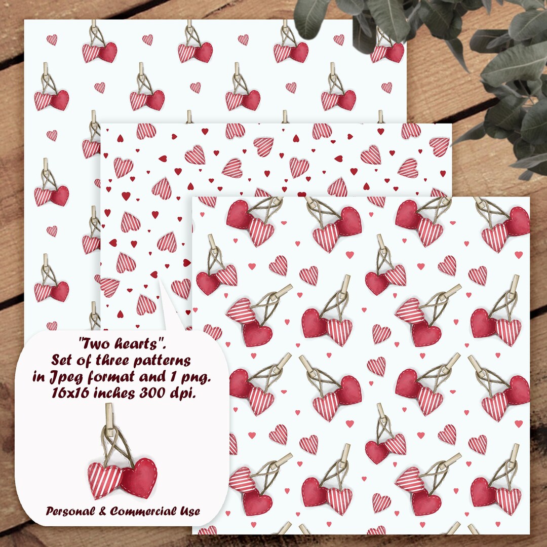 Two Heart Pattern Two Hearts Watercolor Seamless Pattern Set - 3 Designs in JPEG + 1 PNG ...