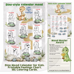 Divertido calendario de estado de ánimo con dinosaurios para niños. Plantilla de calendario digital, tarjetas de emociones para colorear. Perfecto para el aprendizaje emocional.