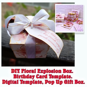 DIY Craft voor verjaardag, Moederdag, bruiloft, scrapbookproject І Sjabloon Floral Explosion Box | Afdrukbare verrassingsgeschenkdoos png/jpeg.