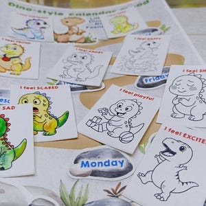 Stimmungskalender im Dino-Style. Druckbares emotionales Lernwerkzeug für Kinder. Dinosaurier Gefühlskarte mit Farbkarten. Vorschule SEL Aktivität.A3