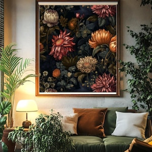 May include: A framed print of a floral design featuring a variety of flowers in shades of red, orange, yellow, and white on a dark background. The flowers are arranged in a cluster and appear to be in bloom. The print is framed in a dark wood frame.