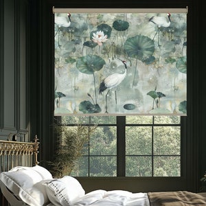 Green Chinoiserie Roller Blinds, Blackout Erasable Roller Shades, Kitchen Window Digital Curtain, Bedroom Roller Blind