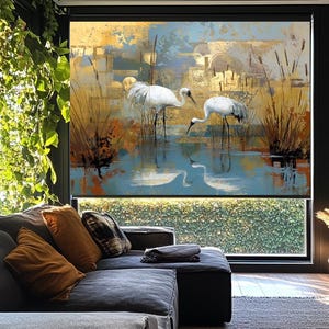 Lake Crane Birds Roller Blinds, Gold Effect Japanese Birds Roller Shades, Blackout Fabric Window Covering, Roller Blinds