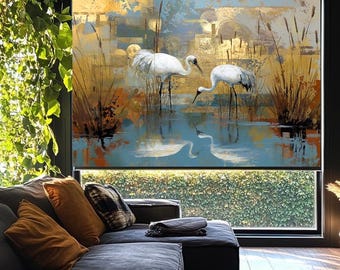 Japanese Crane Birds Roller Blind: Gold Effect Blackout Window Covering