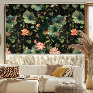 Botanical Lotus Pink Flower Bird Roller Blind, Green Chinoiserie Window Shade, Roller Shade, Blackout Window Covering