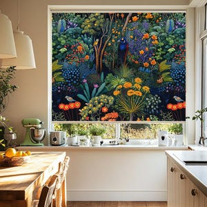 May include: A window blind with a colorful floral and bird design. The blind features a dark blue background with bright yellow, orange, red, and green flowers and birds. The blind is in a kitchen setting with a wooden table and chairs.