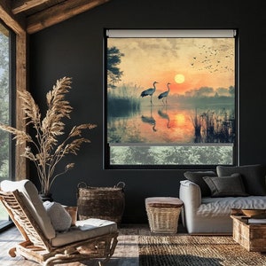 Couple Asian Crane in Lake Sunset view Roller Blind, Blackout Roller Blinds, Lake House Roller Shades, Window Covering