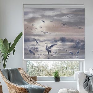 Abstract Immigrant Crane Birds Chinoiserie Roller Blind, Lake Landscape Roller Shades, Birds Window Covering, Modern Digital Prints Curtain