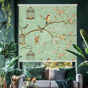 Soft Green Roller Blind, Chinoiserie Birds Roller Shades, Japanese Roller blind for kitchen, Blackout Roller blind