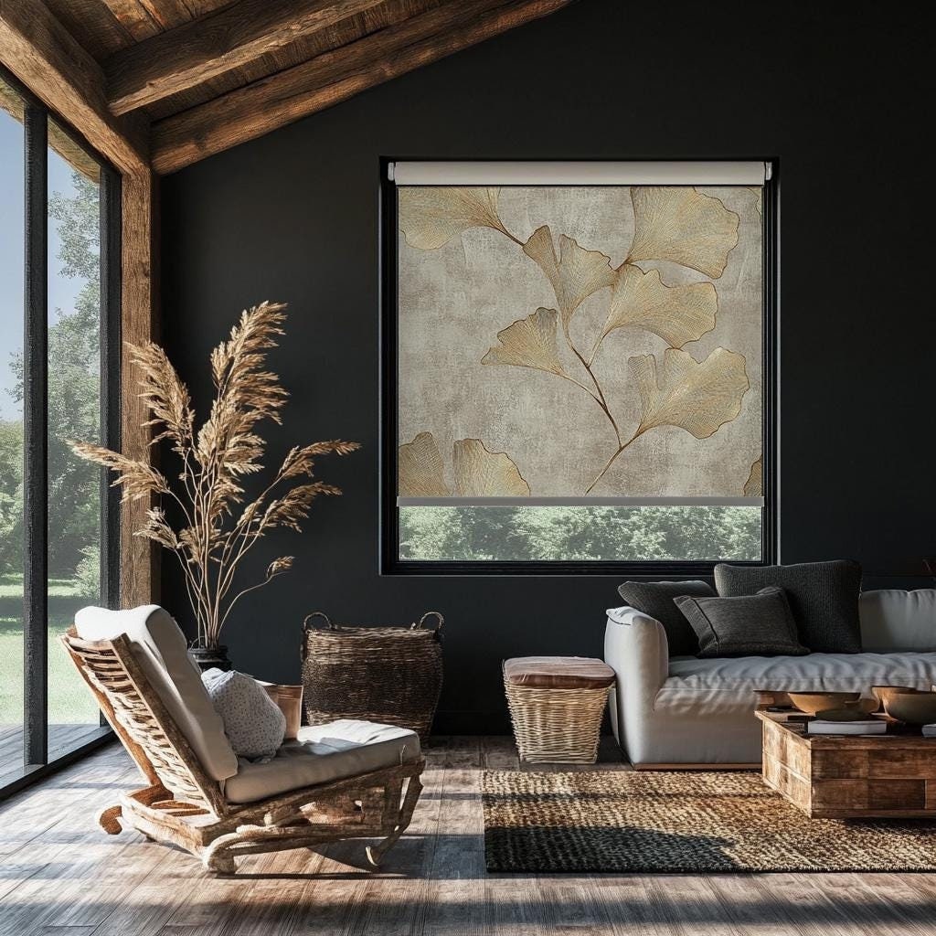 Beige & Gold effect Ginko Flowers Roller Blind, Blackout Roller Shades, Rustic Boho High Pixell Digital Print Livingroom for Roller Shades