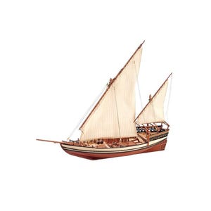 May include: A wooden model ship with two sails, a brown hull, and a white deck. The ship has a black and white striped trim around the hull.
