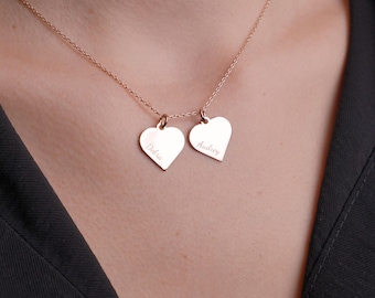 Custom Double Heart Necklace, Engraved Name Pendant, Personalized Heart Charm, Gold Family Necklace, Gift for Mom, Best Friend Jewelry