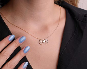Collar de alas de ángel, colgante de corazón de oro, joyería de ángel de la guarda, collar de corazón alado delicado, regalo conmemorativo, regalo para ella