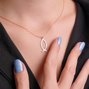 Ichthys Necklace, Gold Christian Fish Pendant, Faith Symbol Jewelry, Religious Minimalist Necklace, Christian Gift for Her