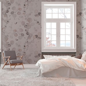 Soft Color Eucalyptus Wall Mural - Leaf Pattern Wallpaper - Peel and Stick -  Watercolor Wall Mural - Beige Leaves Branches - Self Adhesive