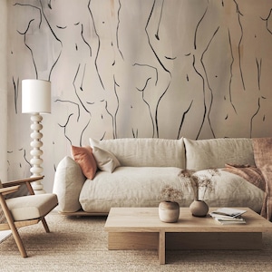 Female Silhouette Body Line Mural - Peel and Stick Removable Wallpaper - Soft Backraund Wall Mural - Woman Line Art Mural