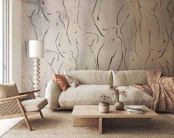 Female Form Line Art Wallpaper - Minimalist Silhouette Mural, Peel and Stick