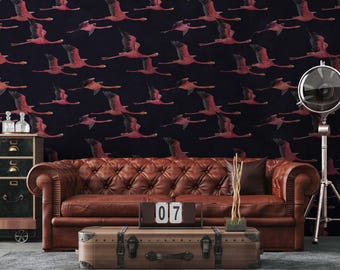 Crane Chinoiserie Wallpaper – Red Cranes, Navy Blue, Peel and Stick Mural