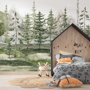 Watercolor Forest Kids Wallpaper -Peel and Stick -Mountain Wall Mural - Trees Children Room Wall Mural -Woodsy Mural