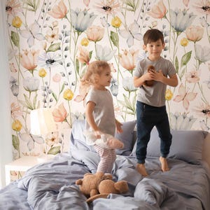 Kids room cute Floral Wallpaper - Flowers soft color wall mural for girls room - Wild Flower Wall Mural - Peel and Stick Wallpaper