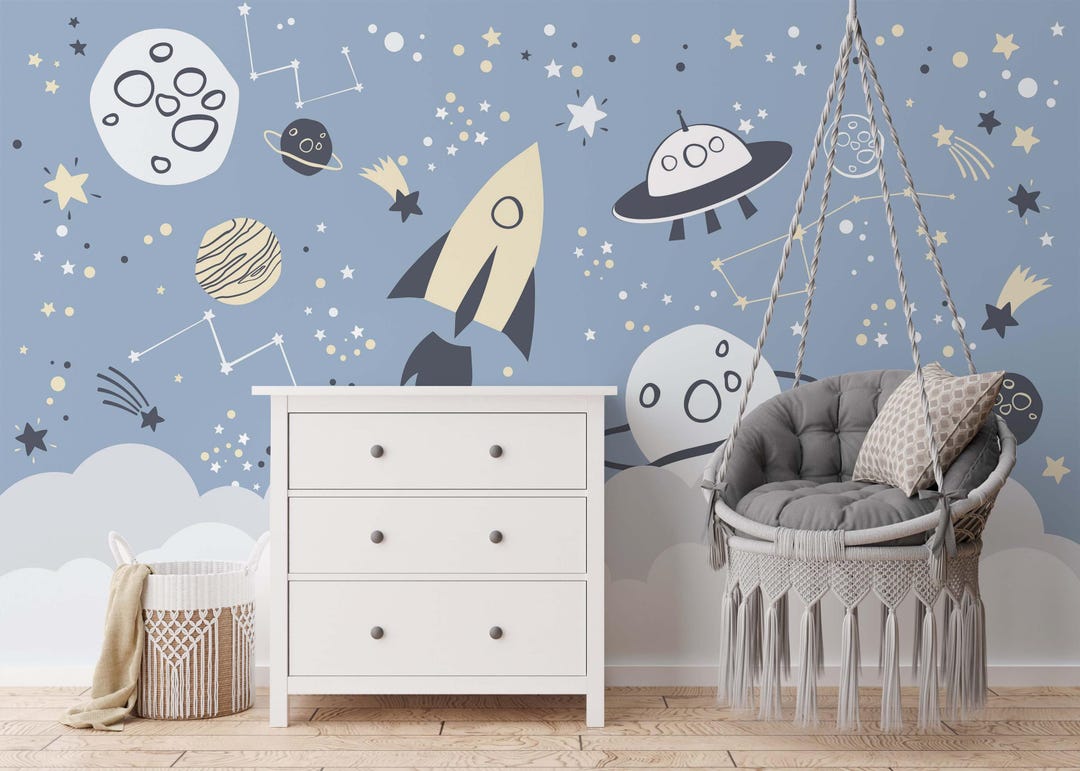 Planets and Rocket Peel and Stick Kids Wallpaper - Space Wall Mural - Etsy