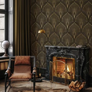 Dark Art Deco Geometric Ornament Wallpaper - Peel and Stick Wallpaper - Geometric Wallpaper - Vintage Wallpaper -Gold Details