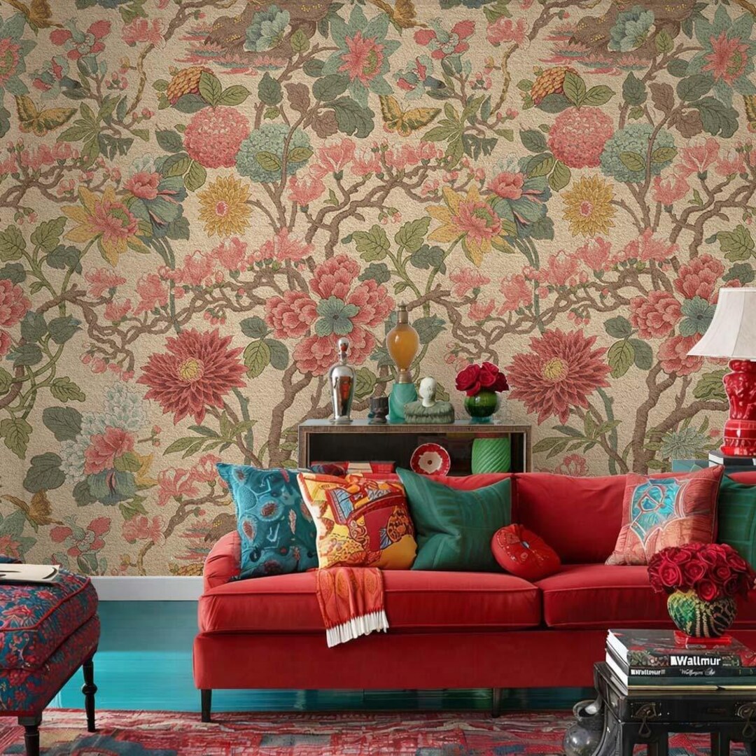 Chinoiserie Style Floral Wallpaper | Bold Colorful Wall Mural | Luxury ...