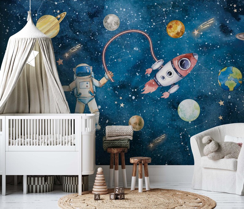 Watercolor Space Wallpaper – Astronaut & Planets Peel and Stick - Etsy
