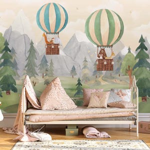 Forest Hot Balloons Kids Wallpaper - Peel and Stick -  Nursery Cute Animals - Watercolor Kids Forest Wallpaper-Jungle Wall Mural