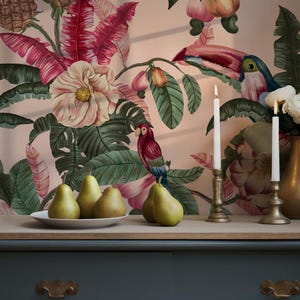 Pink Botanical Beauty Mural - Tropical Floral Wallpaper with Birds - Palm Trees and Exotic pink Wall Mural - Peel and Stick - Parrot Mural
