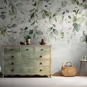 Soft Green Leaves Mural - Tropical Leaves Wallpaper - Tropical Boho Wallpaper - Watercolor Peel and Stick Mural - Eucalyptus Wall Mural