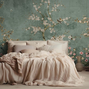 Chinoiserie Floral Wallpaper - Pastel Green Textured Background - Vintage Mural -Cherry Blossom Wallpaper - Birds Elegant Botanical Mural