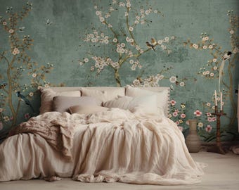 Chinoiserie Floral Wallpaper - Pastel Green Textured Background - Vintage Mural -Cherry Blossom Wallpaper - Birds Elegant Botanical Mural