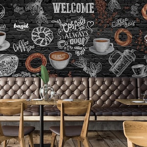 Carta da parati per bar - Carta da parati con caffè - Carta da parati murale con bagel da bar - Rimovibile - Personalizzabile - Carta da parati staccabile e attaccabile