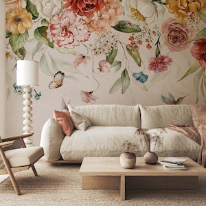 Floral Wall Mural - Birds Watercolor Wallpaper - Floral Wallpaper - Textured Mural - Peel and Stick - Removable Wallpaper - Big Flower Mural