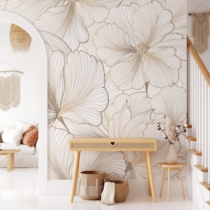 Minimalist Floral Wallpaper - Peel and Stick - Removable Wallpaper - Line Art Gold Wall Mural - White Gold Effect Wallpaper