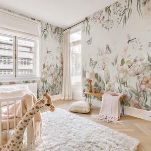 Botanical Butterfly Wallpaper – Watercolor Floral Wall Mural, Peel and Stick
