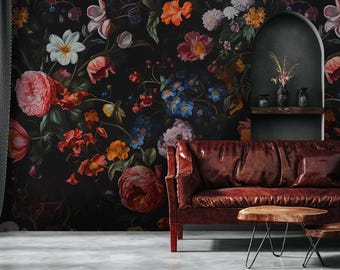 Dark Floral Wallpaper – Vintage Style Peel and Stick Wall Mural