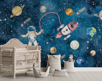 Watercolor Space Wallpaper – Astronaut & Planets Peel and Stick